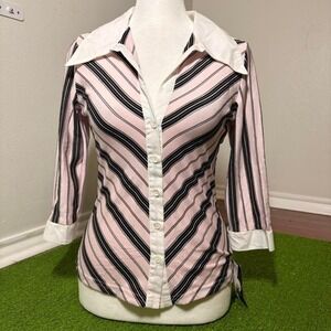 Vintage Y2K Butterfly Dagger Collar Disco Fitted Button Up Striped Sheer Retro